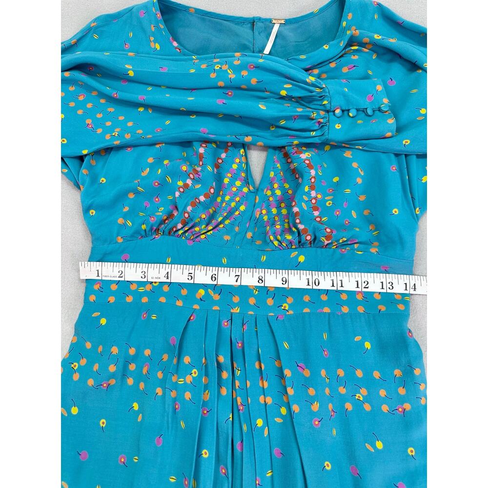 Free People Coryn Mini Dress Cherry Print Teal Blue Green Cut Out Pleated Size 4 - Picture 11 of 12